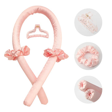 Heatless Curling Rod Headband No Heat Silk Ribbon Curling Rod Hair Roller Curls with Hair Claw Clip Lazy Natural Soft Wave DIY Hair Rollers Styling Tool for Sleep in Overnight (Pink)