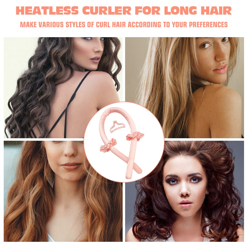 Heatless Curling Rod Headband No Heat Silk Ribbon Curling Rod Hair Roller Curls with Hair Claw Clip Lazy Natural Soft Wave DIY Hair Rollers Styling Tool for Sleep in Overnight (Pink)