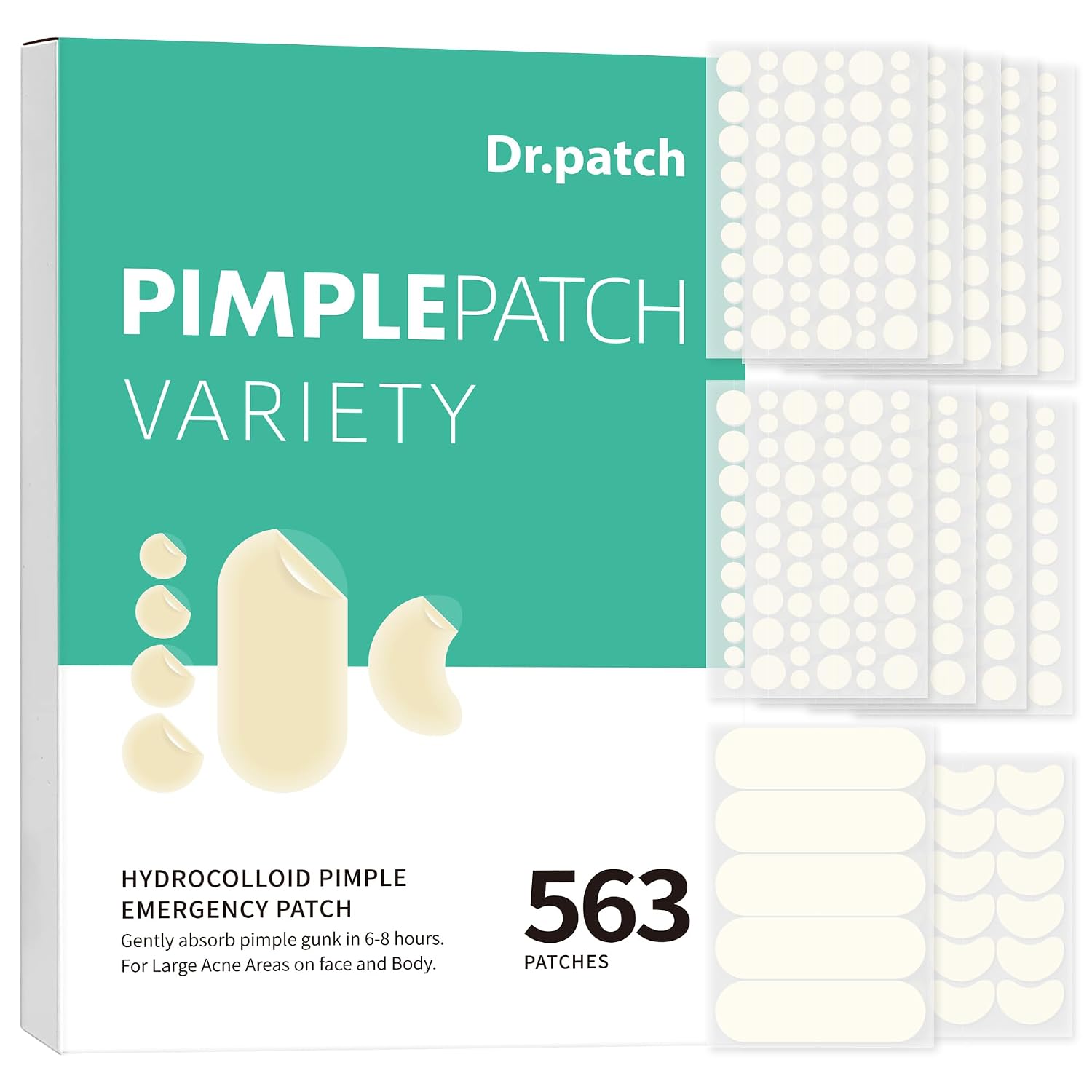 563 Count Pimple Patches - Hydrocolloid Acne Patches for Face & Body, Invisible Thin, Large & Small Sizes for Whiteheads, Zits & Breakouts (Dots, Strip, Contoured 6 Sizes)