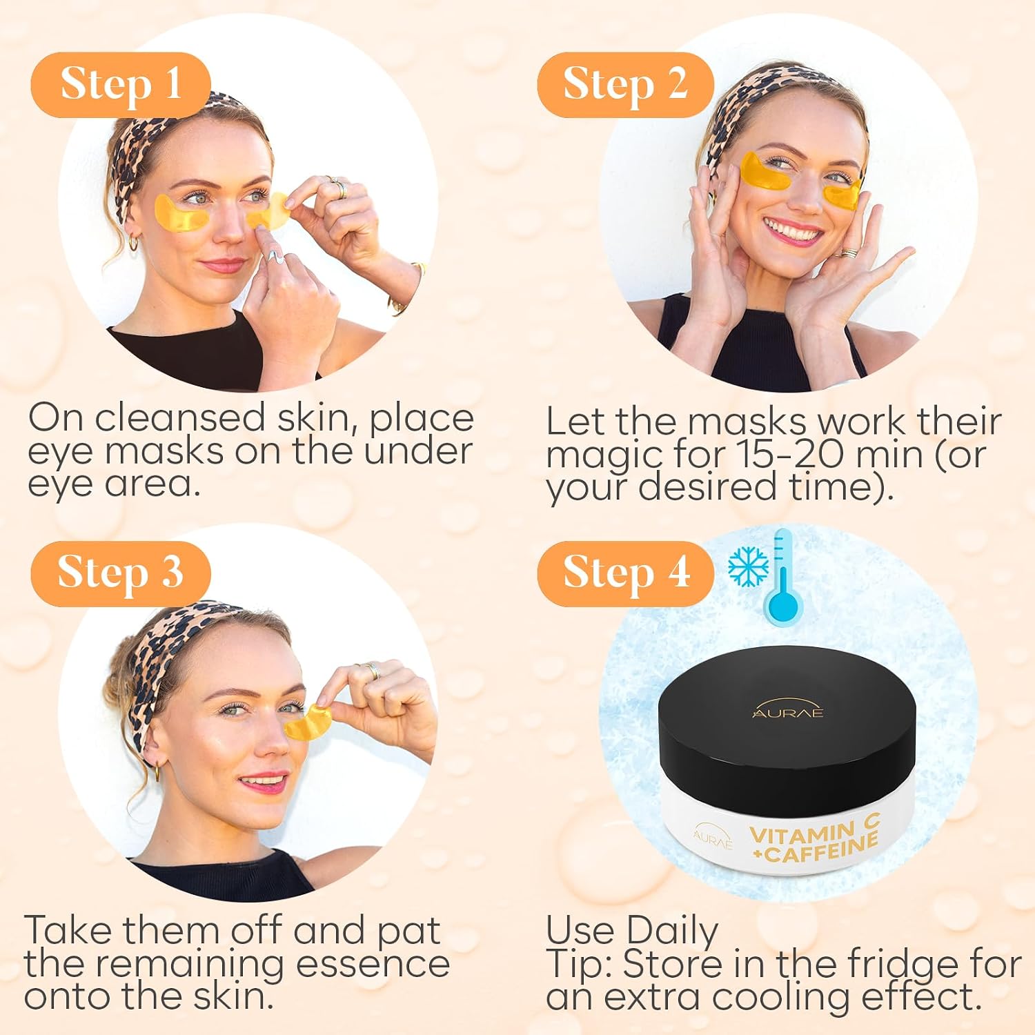 AURAE Vitamin C & Caffeine Under Eye Patches (30 Pairs), Under Eye Mask for Puffy Eyes, Appearance of Dark Circles, Smoothing & Hydration, Self Care & Skincare Gifts for Women, Patch Yeux