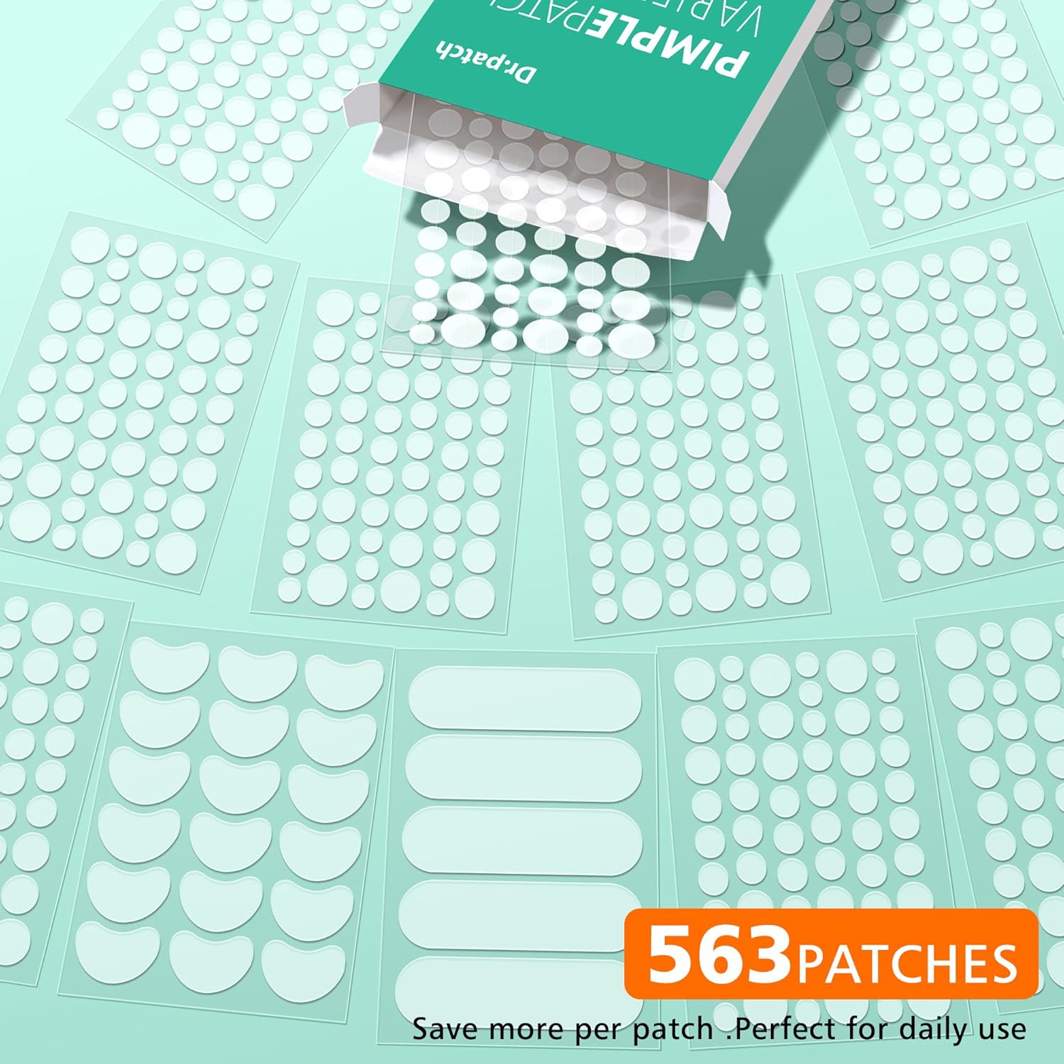 563 Count Pimple Patches - Hydrocolloid Acne Patches for Face & Body, Invisible Thin, Large & Small Sizes for Whiteheads, Zits & Breakouts (Dots, Strip, Contoured 6 Sizes)